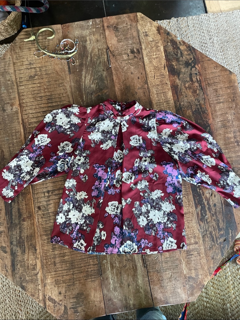 Vero Moda Burgundy Floral Satin Blouse with Puff Sleeves